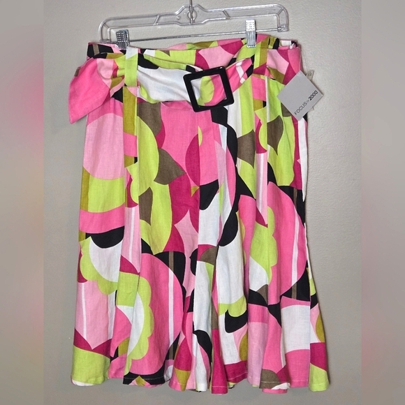 Focus 2000 Vintage Deadstock Y2K 100% Linen Bold Print Ruffle Midi Skirt, 12 - Picture 1 of 3